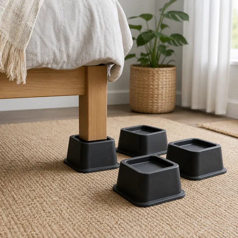 Illustrative image of generic bed riser blocks beside a simple wooden bed leg