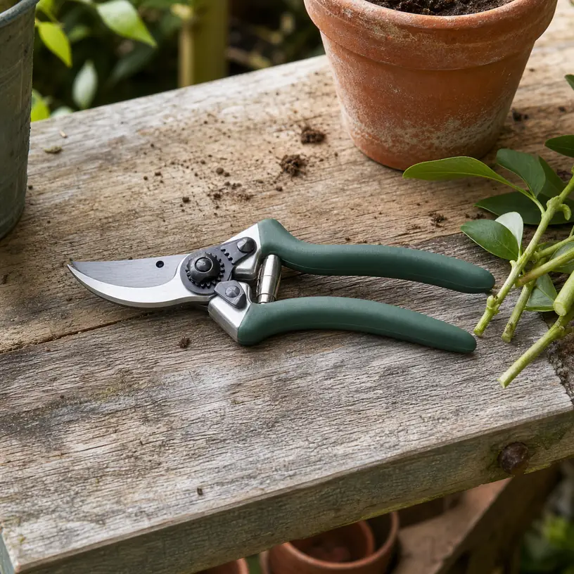 Illustrative image of generic bypass pruning shears on a garden potting bench