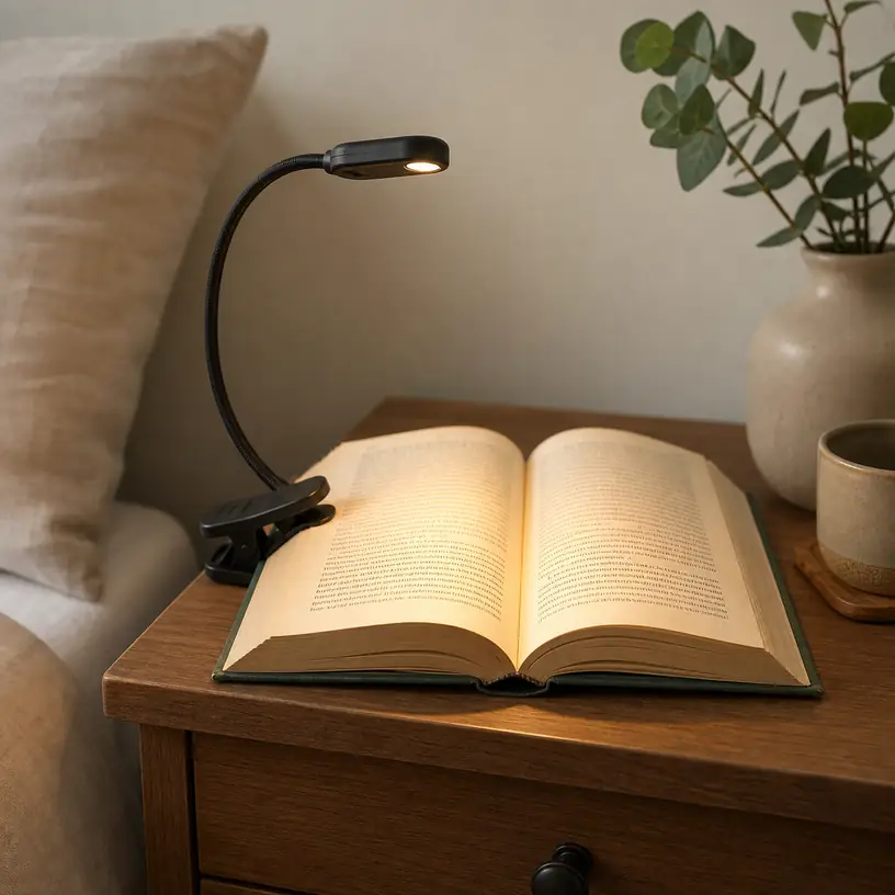 Illustrative image of a generic clip-on book light attached to an open book