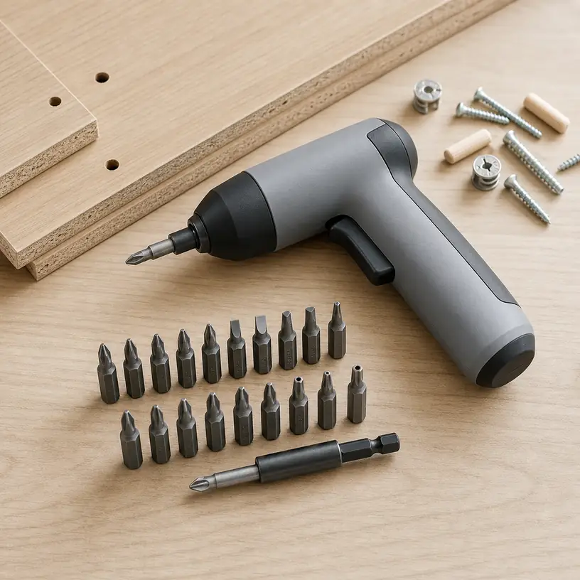 Illustrative image of a generic cordless electric screwdriver and interchangeable bits on a workbench