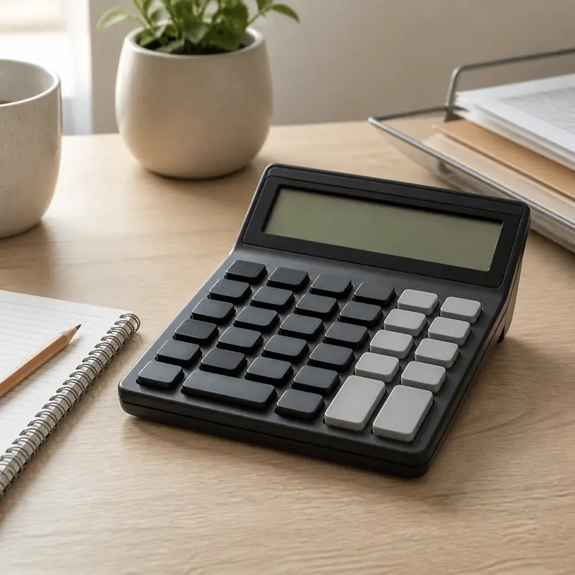 Illustrative image of a generic desktop calculator beside a notebook on a home office desk