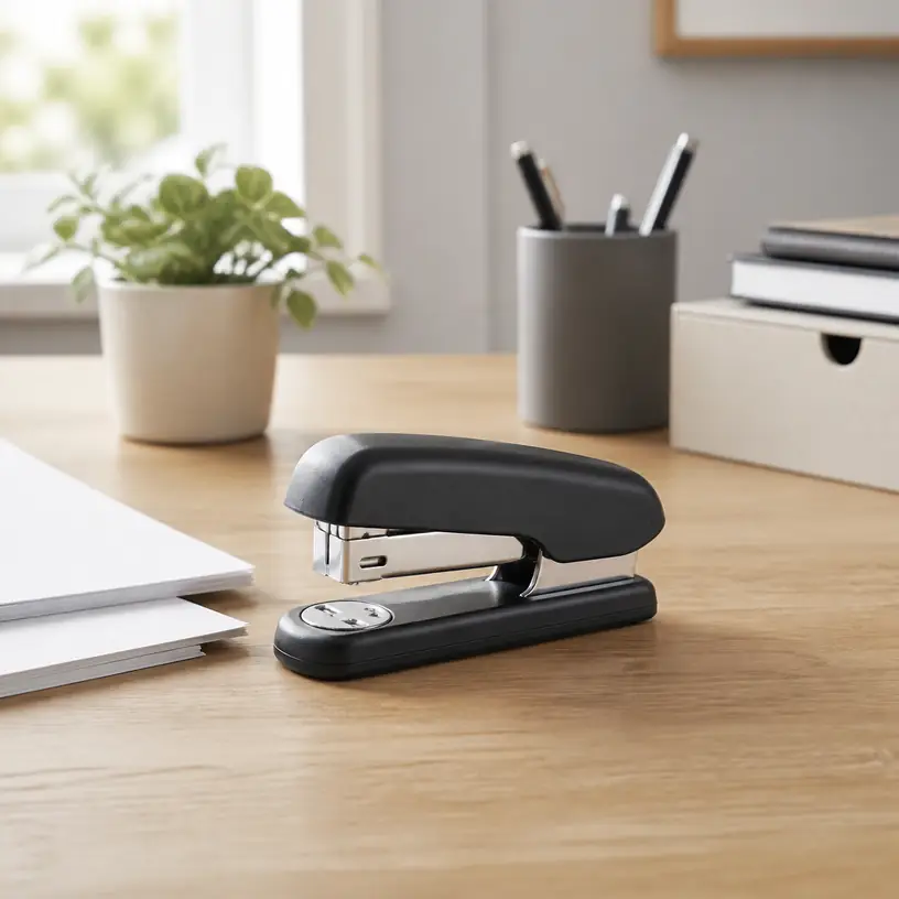 Illustrative image of a generic desktop stapler on a tidy home office desk