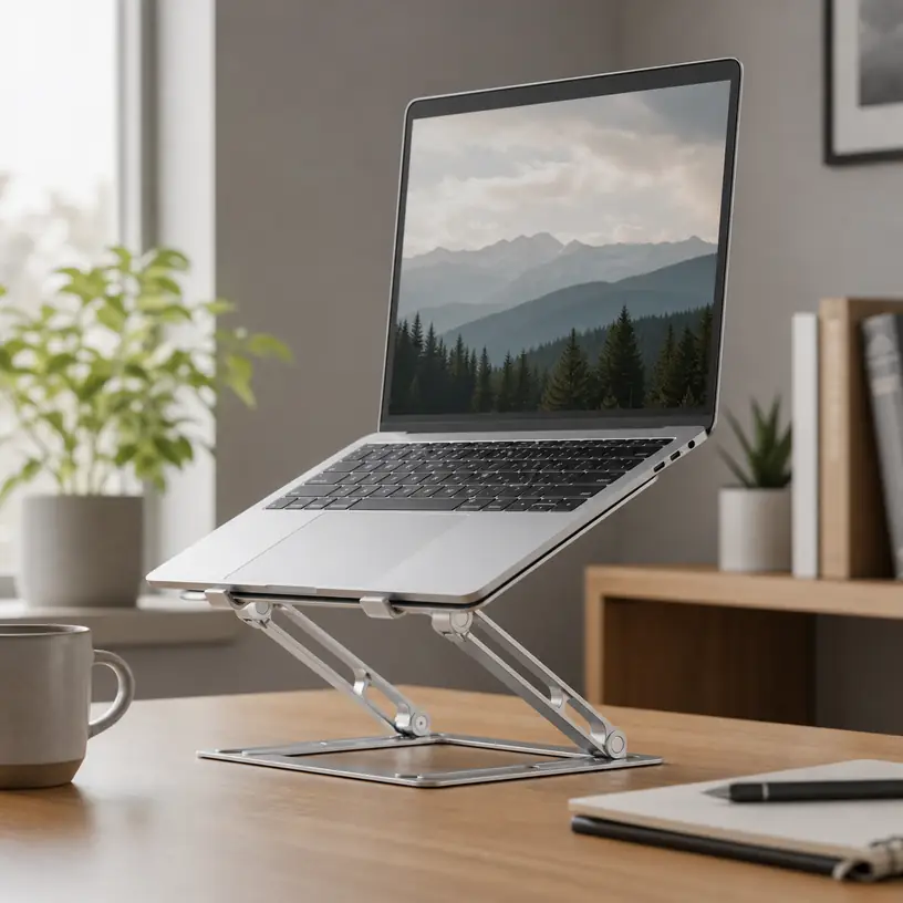 Illustrative image of a generic laptop on an adjustable folding desk stand