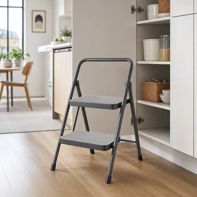 Illustrative image of a generic folding step stool beside a kitchen cabinet