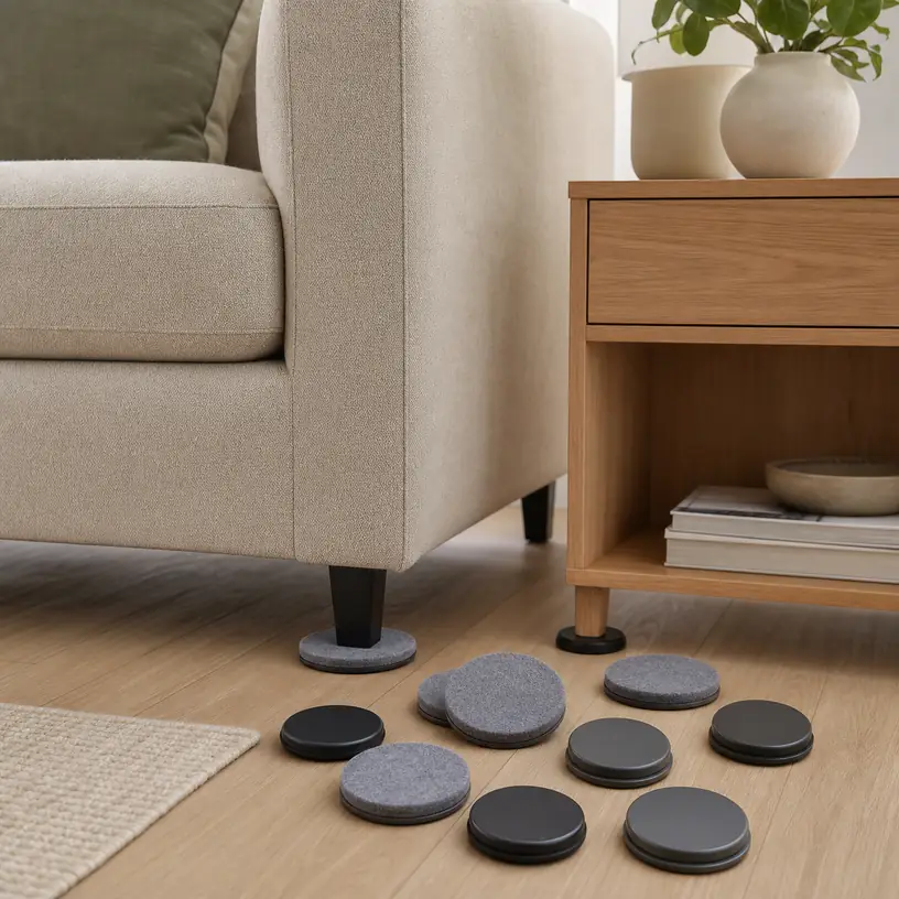 Illustrative image of generic furniture sliders beside a sofa and side table
