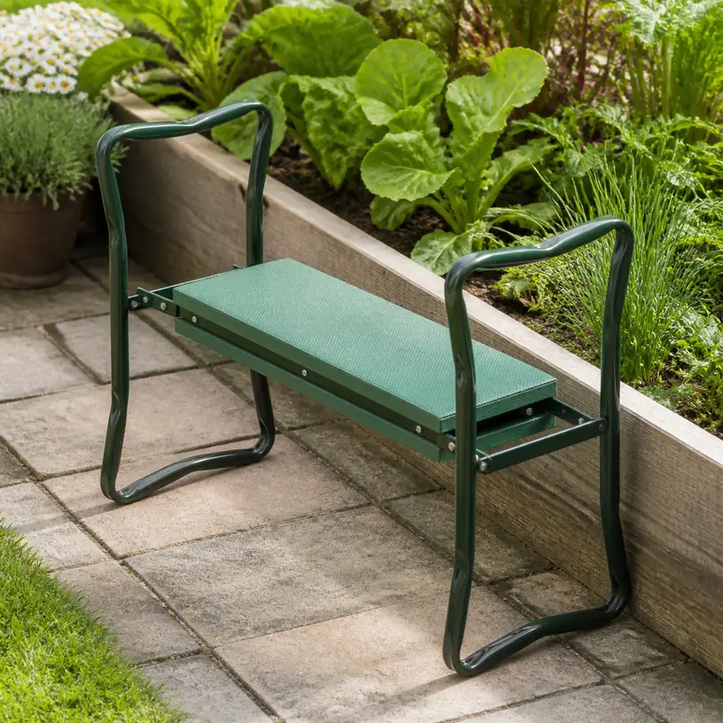 Illustrative image of a generic folding garden kneeler and seat beside a raised planting bed