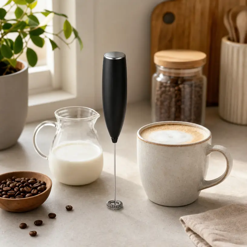Illustrative image of a generic handheld milk frother beside a foamy drink