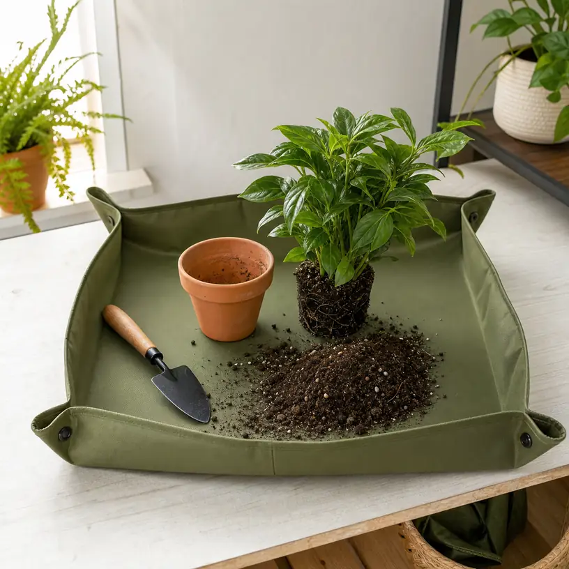 Illustrative image of a generic raised-corner repotting mat with a houseplant, terracotta pot, trowel, and contained potting soil