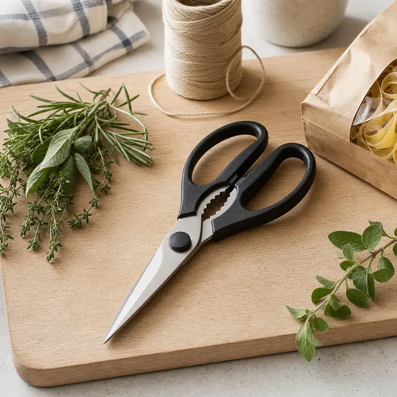 Illustrative image of generic kitchen shears on a food preparation board