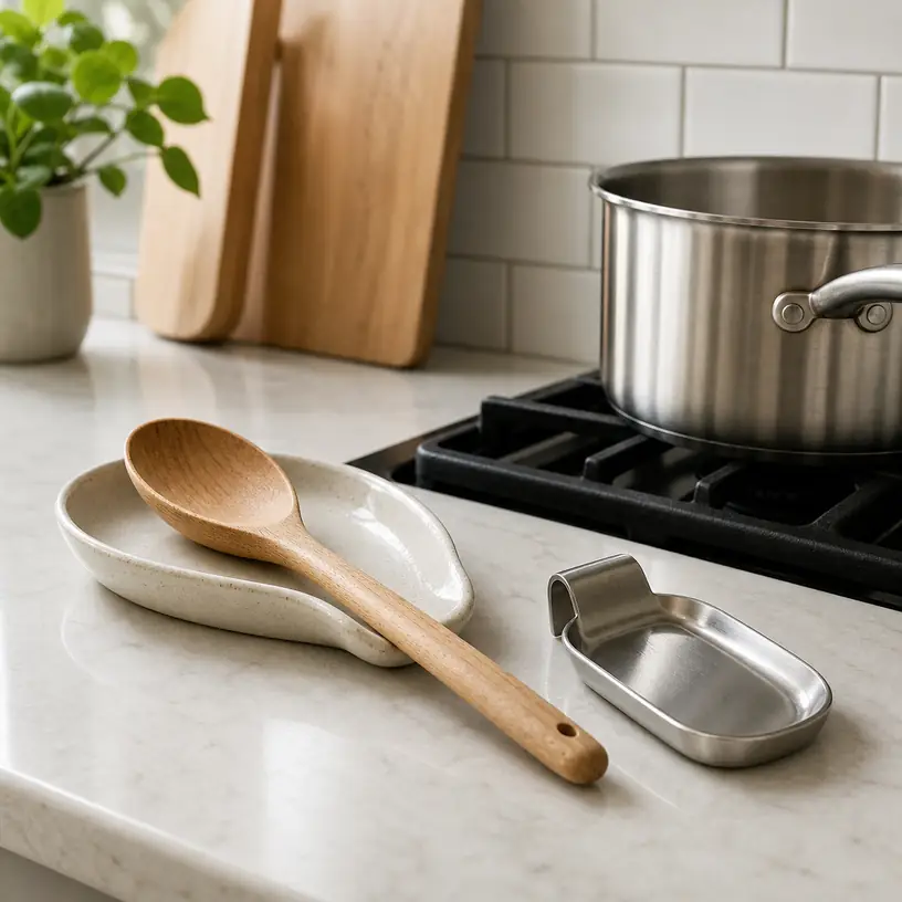 Illustrative image of generic spoon rests holding wooden cooking utensils beside a saucepan