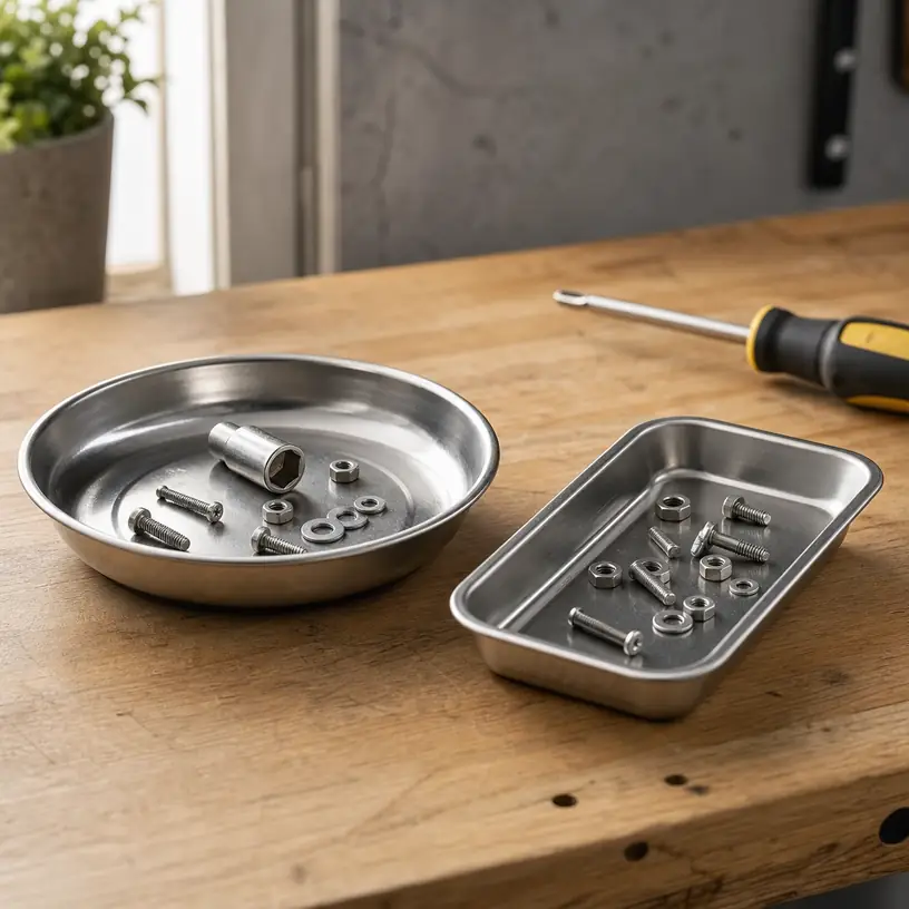 Illustrative image of generic magnetic parts trays holding screws, nuts, washers, and a socket on a workbench