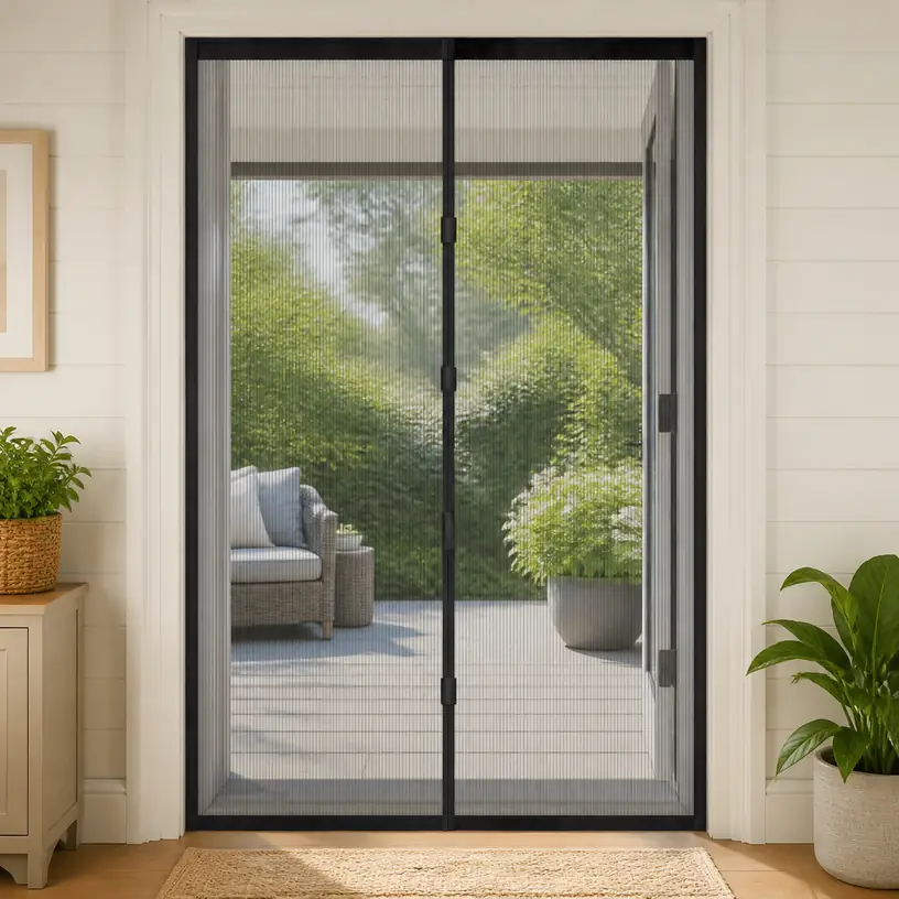 Illustrative image of a generic magnetic mesh screen installed in a patio doorway