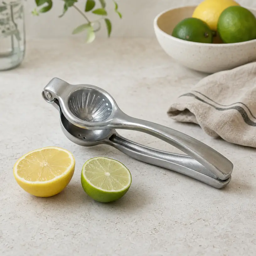 Illustrative image of a generic manual citrus juicer with lemons and limes