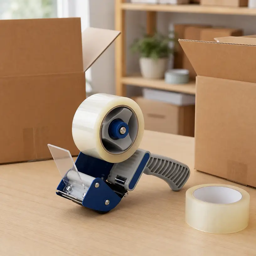 Illustrative image of a generic handheld packing tape dispenser beside cardboard moving boxes