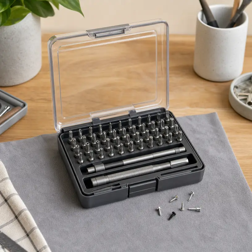 Illustrative image of a generic precision screwdriver set with organized bits on a clean workbench