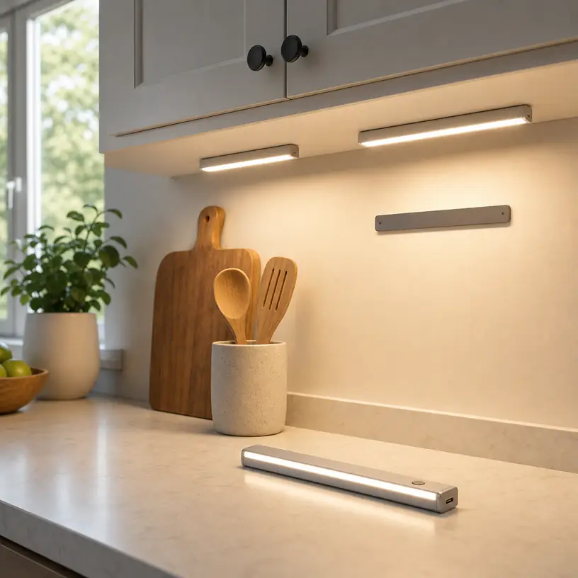 Illustrative image of generic rechargeable light bars beneath a kitchen cabinet