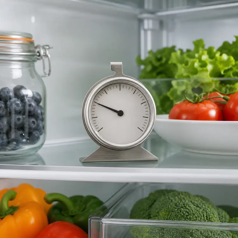 Illustrative image of a generic dial thermometer on a refrigerator shelf