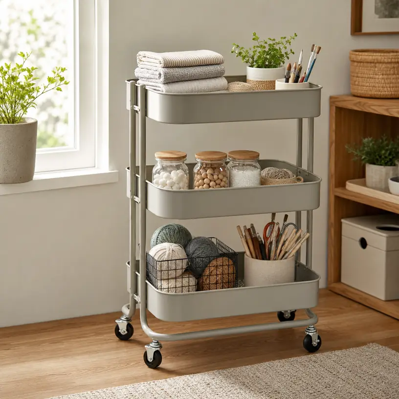 Illustrative image of a generic three-tier rolling utility cart in a home storage area