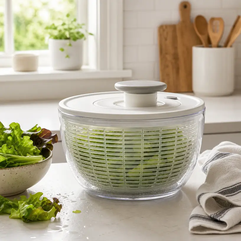 Illustrative image of a generic salad spinner with leafy greens on a kitchen counter