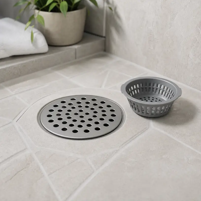 Illustrative image of generic cover-style and basket-style shower drain hair catchers on neutral bathroom tile