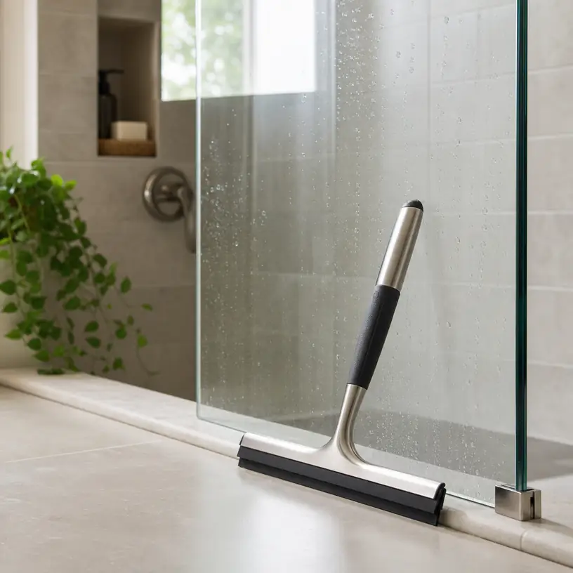Illustrative image of a generic shower squeegee beside a glass shower door