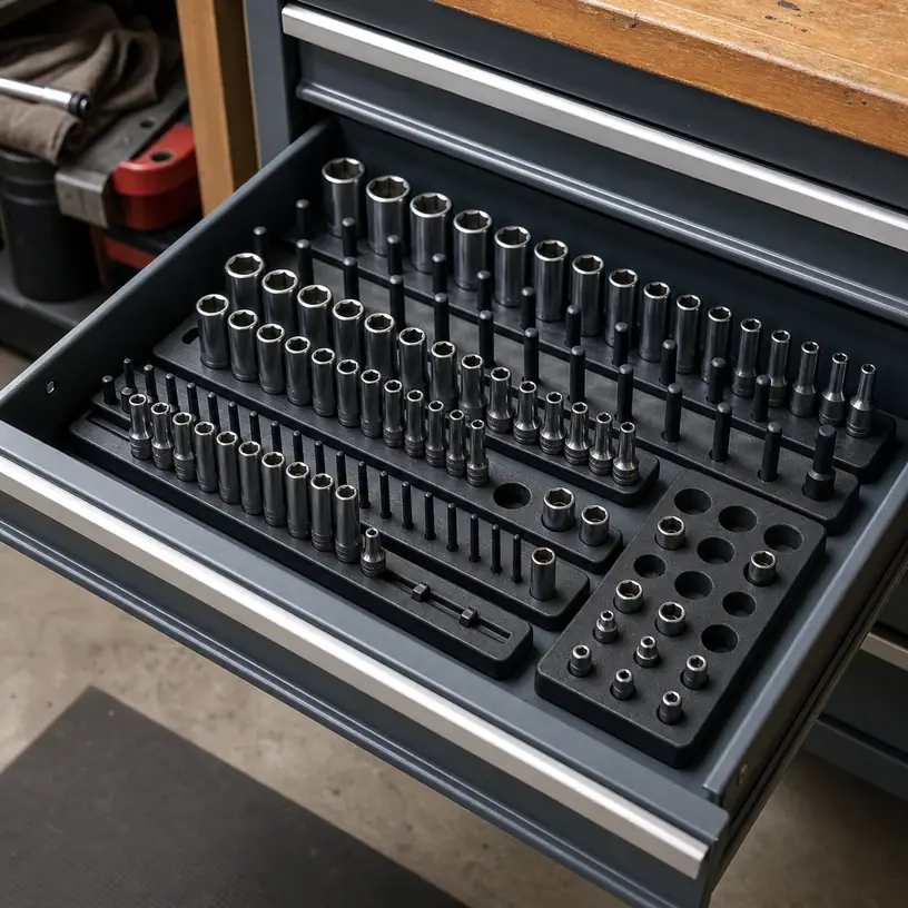 Illustrative image of generic socket organizers arranged in a toolbox drawer