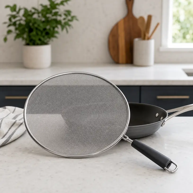 Illustrative image of a generic mesh splatter screen beside a frying pan