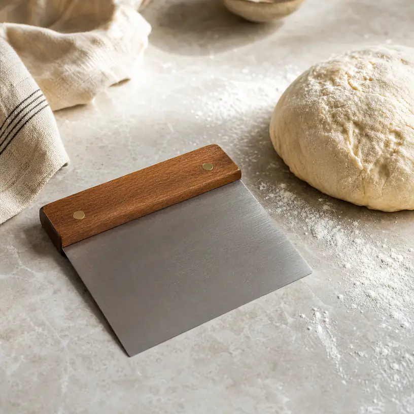 Illustrative image of a generic metal bench scraper beside bread dough on a kitchen counter