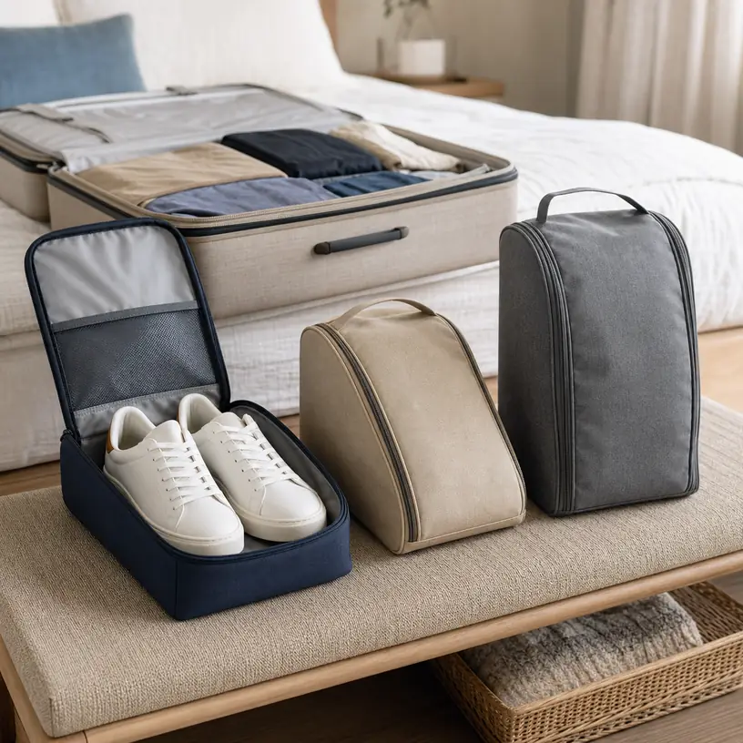 Illustrative image of generic travel shoe pouches beside an open suitcase