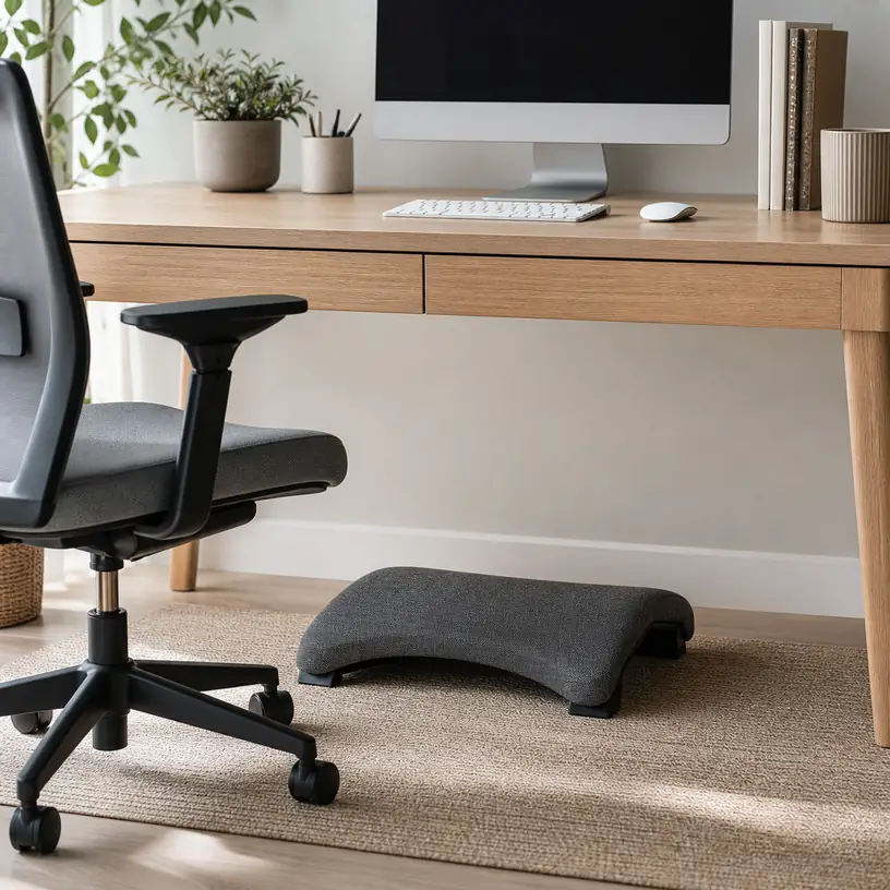 Illustrative image of a generic footrest beneath a home-office desk