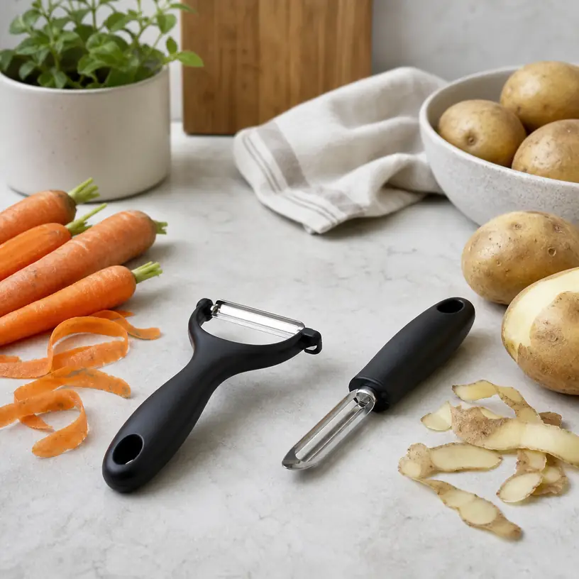 Illustrative image of generic Y-shaped and straight vegetable peelers beside carrots and potatoes
